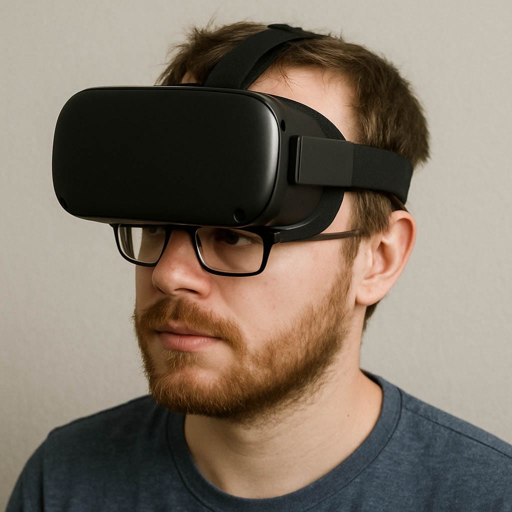 An individual wearing a VR headset over glasses