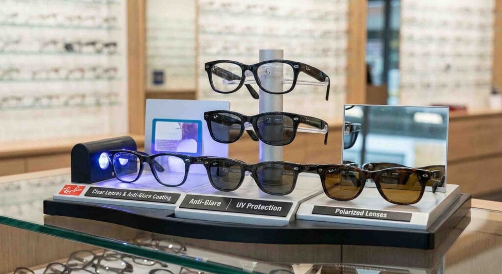 Various coatings and lens options displayed