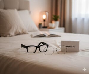 A pair of Ray-Ban Meta AI smart glasses, two clear prescription lenses, and an "ANNKUT VR" branded box arranged neatly on an indoor bed, with soft bedroom lighting in the background.