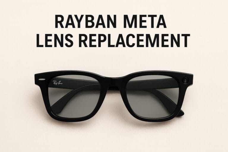 Guide to Replacing Ray-Ban Meta Lenses 11 Ray-Ban Meta smart glasses with freshly installed replacement lenses displayed on a clean background, featuring the iconic Wayfarer frame and Meta camera module