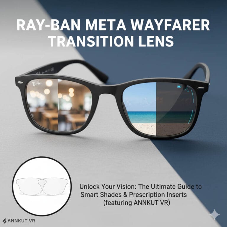 ray ban meta wayfarer transition lens 11 A blog cover image for a guide on Ray-Ban Meta Wayfarer smart glasses. The image shows the glasses with photochromic transition lenses adapting to light (one lens clear, one lens dark) and highlights the ANNKUT VR prescription lens inserts as the compatible solution.