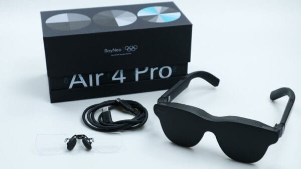 ANNKUTVR RayNeo Air 4 Pro prescription lens product packaging contents, including smart glasses, charging cable, and custom myopia lenses, demonstrating a complete solution.