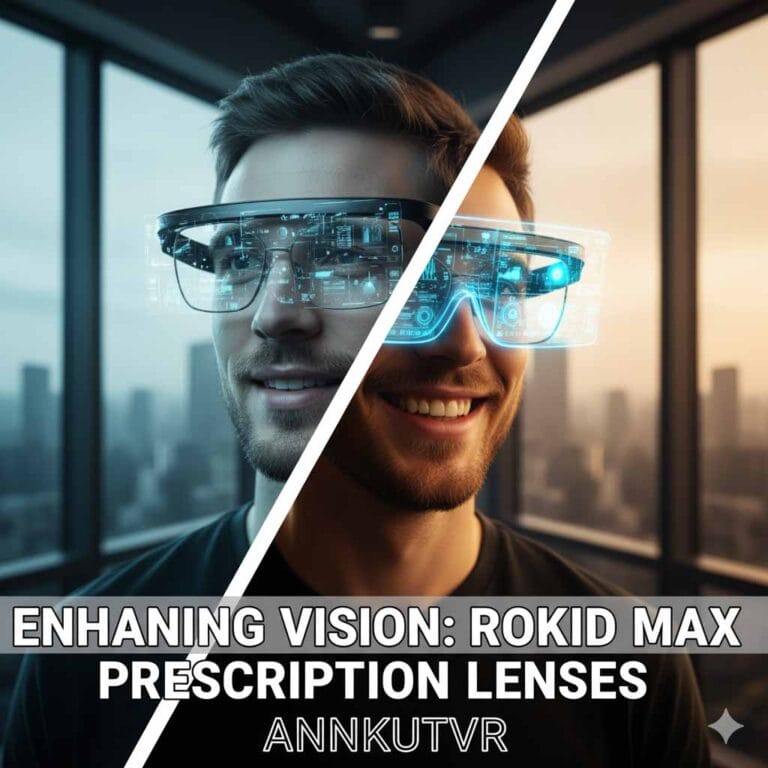 Enhancing Vision: Rokid Max Prescription Lenses - ANNKUTVR 18 Finding clear AR vision with glasses? This cover image illustrates how Rokid Max prescription lenses from ANNKUTVR eliminate blurry visuals and eye strain, offering tailored vision correction for your AR/VR headset, enhancing immersive experiences and answering common queries on AR glasses compatibility for glasses wearers.