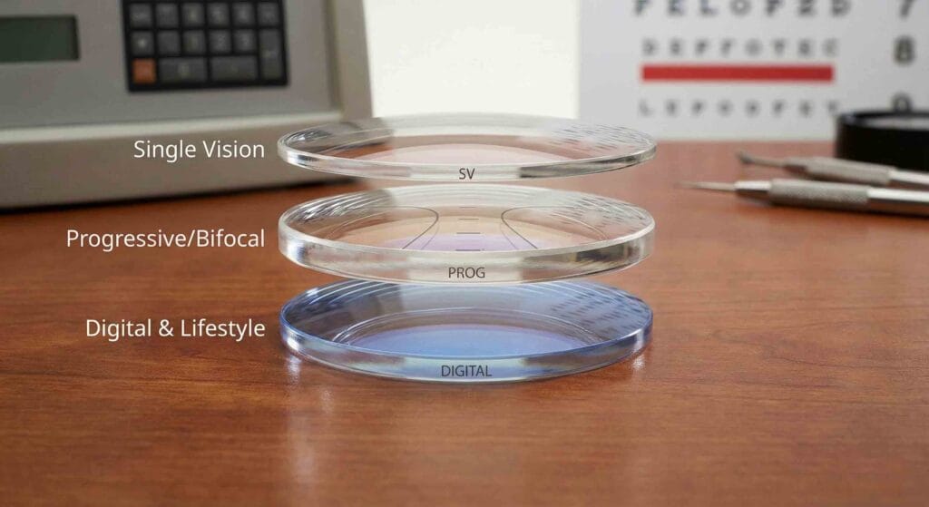 Different types of prescription lenses stacked together