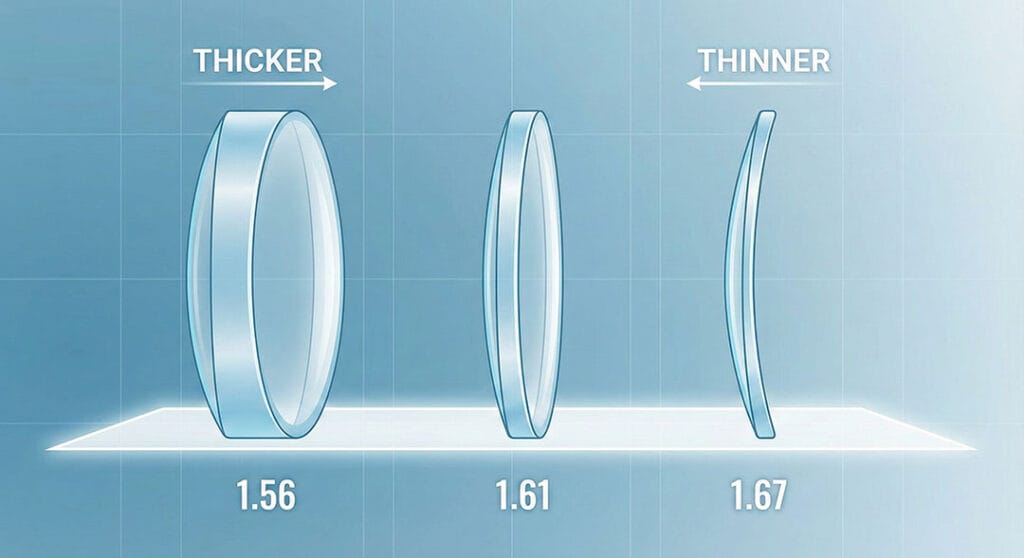 Side-by-side comparison showing the thickness reduction of VR lenses from 1.56 to 1.61 and 1.67 high-index materials.