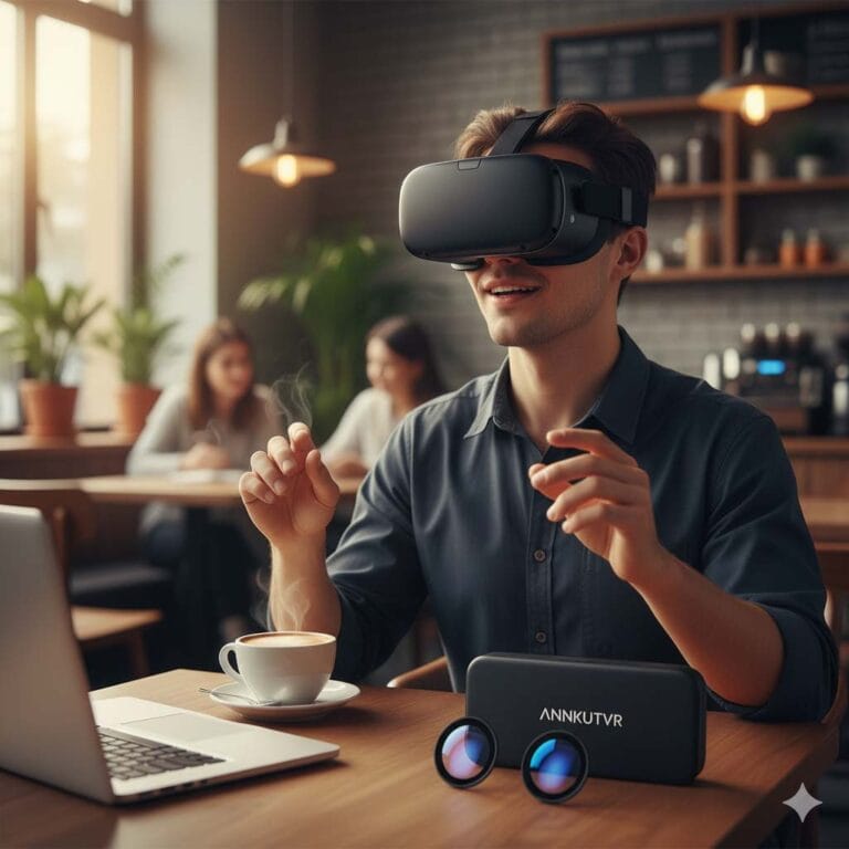 How To Choose Prescription Lenses for Meta | ANNKUTVR 7 A man wearing a Meta VR headset at a coffee shop table, with a laptop, a coffee cup, and a black ANNKUTVR case with two prescription VR lenses next to it. Other people are blurred in the background, creating a comfortable, modern cafe atmosphere.