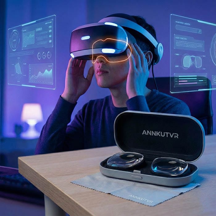 Blog cover illustration showing a VR user with eye strain and ANNKUTVR prescription lenses as the solution.