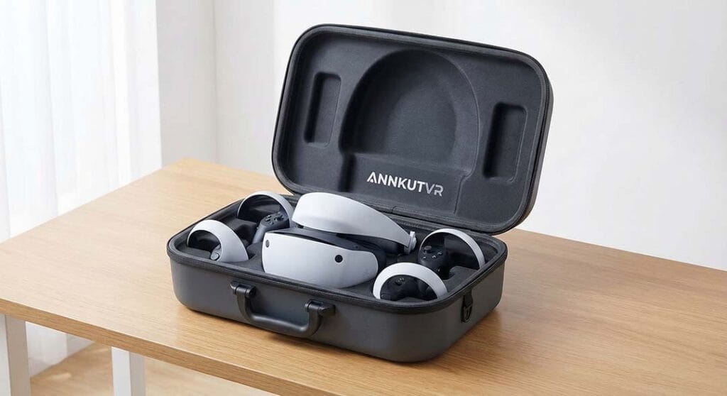PS VR2 headset and controllers neatly stored in a protective case with the ANNKUTVR logo.