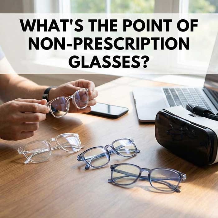 Blog cover image featuring various non-prescription glasses and VR headset with the article title overlaid.