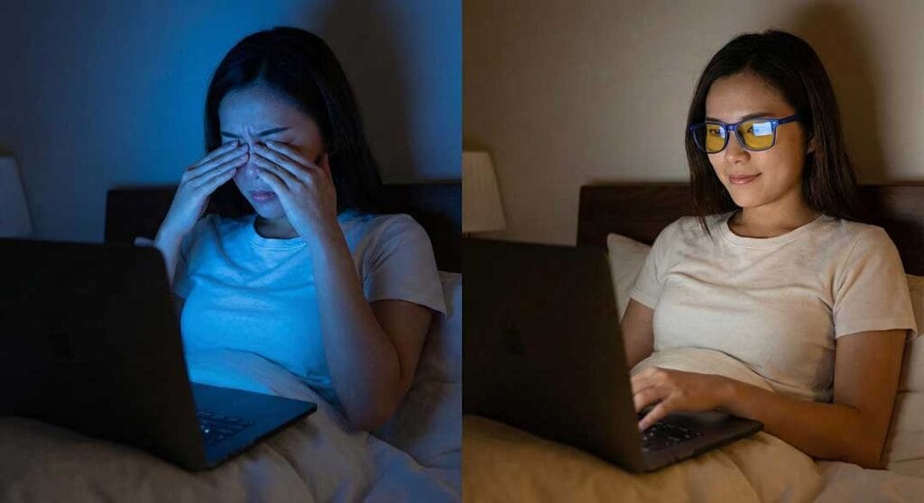 Blue light glasses on a desk