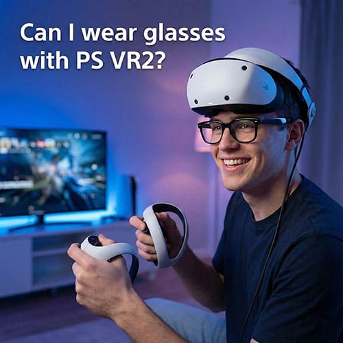 Blog cover featuring a gamer wearing PS VR2 with glasses, with the title "Can I wear glasses with PS VR2?"