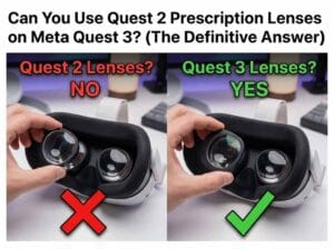 Side-by-side comparison of Meta Quest 2 and Quest 3 headsets with prescription lenses, illustrating that Quest 2 lenses are not compatible with the new Quest 3 pancake lens design.