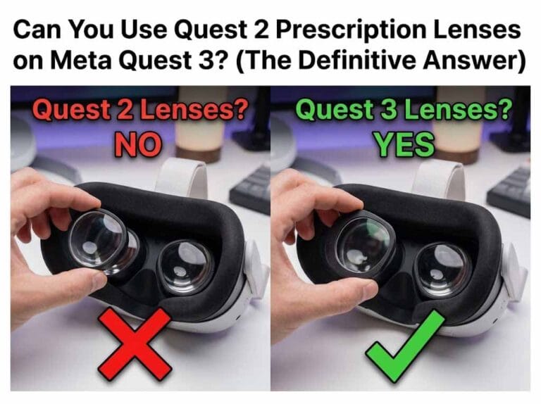 Side-by-side comparison of Meta Quest 2 and Quest 3 headsets with prescription lenses, illustrating that Quest 2 lenses are not compatible with the new Quest 3 pancake lens design.