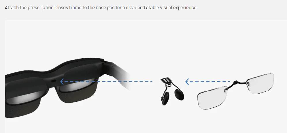 Diagram illustrating the tool-free snap-on installation process for ANNKUTVR prescription lenses onto the RayNeo Air 2s nose bridge.