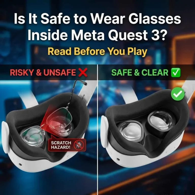 Blog cover infographic titled "Is It Safe to Wear Glasses Inside Meta Quest 3?". It shows a split-screen comparison: the left side labeled "RISKY & UNSAFE" shows glasses causing a scratch hazard, while the right side labeled "SAFE & CLEAR" shows ANNKUTVR installed lenses.