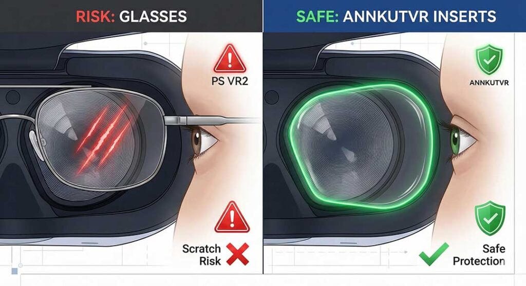Split-screen diagram illustrating the risk of glasses scratching PS VR2 lenses versus the safe protection provided by ANNKUTVR prescription inserts.