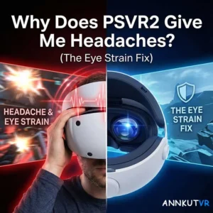 Why Does PSVR2 Give Me Headaches?'. Split screen comparison showing a gamer in pain on the left versus a protected PSVR2 headset with ANNKUTVR blue light filter lenses on the right.