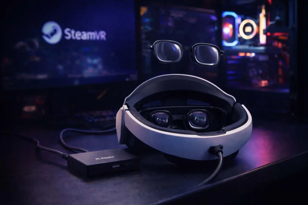 A PSVR2 headset connected to a gaming PC via adapter with ANNKUTVR prescription lens inserts floating above, showing the SteamVR setup.