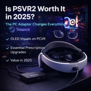 PlayStation VR2 headset connected to a PC adapter for SteamVR in 2025, showing OLED PCVR setup and upgrade potential