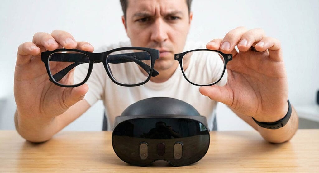 Frustrated user holding eyeglasses next to a Meta Quest Pro, illustrating the struggle of wearing glasses in VR