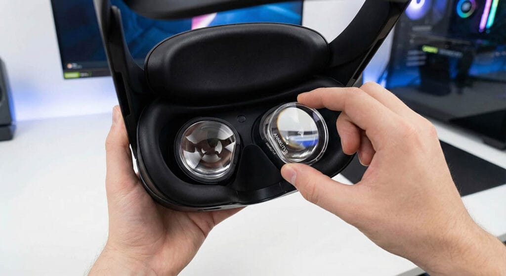 Close-up of ANNKUTVR custom prescription lenses magnetically snapped onto Meta Quest Pro for a seamless, scratch-free fit.