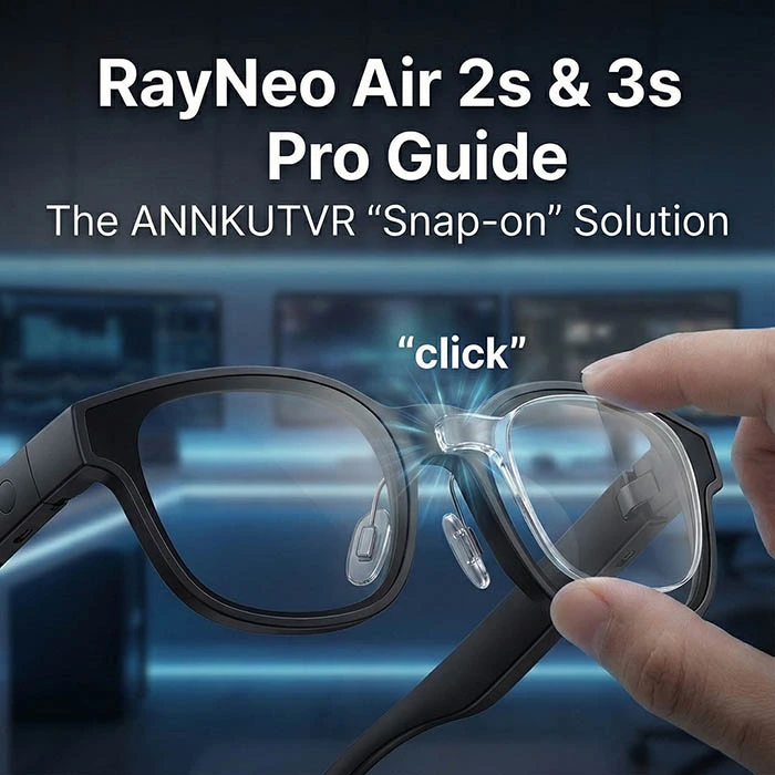 Blog cover image titled "RayNeo Air 2s & 3s Pro Guide: The ANNKUTVR 'Snap-on' Solution," illustrating the easy click-in installation of custom AR inserts.