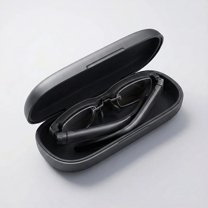 RayNeo Air 2s glasses folded completely with ANNKUTVR prescription lenses installed, demonstrating perfect fit for original case storage.