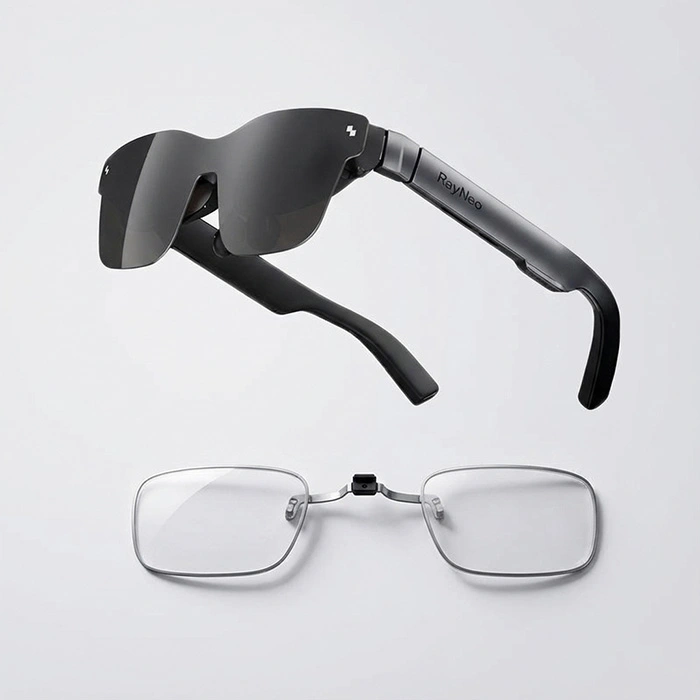 RayNeo Air 2s AR glasses displayed next to ANNKUTVR custom snap-on prescription lenses with metal bridge.