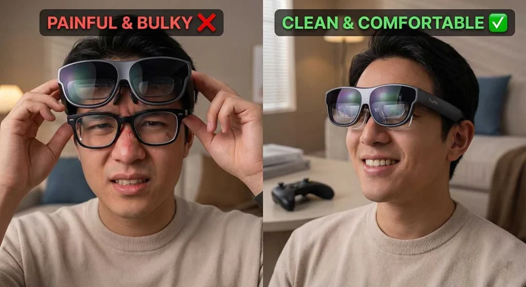 A split-screen comparison showing the discomfort of wearing bulky frame glasses under RayNeo Air 2s (left) versus the clean, comfortable fit of ANNKUTVR snap-on prescription inserts (right).