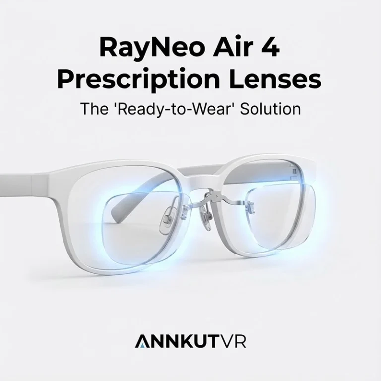 Features white RayNeo Air 4 glasses with a silver, rimless ANNKUTVR prescription insert attached. Text reads "The Ready-to-Wear Solution