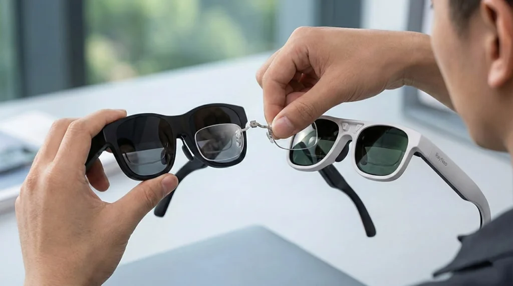 Swapping prescription lenses between RayNeo Air 4 and RayNeo Air 2s.