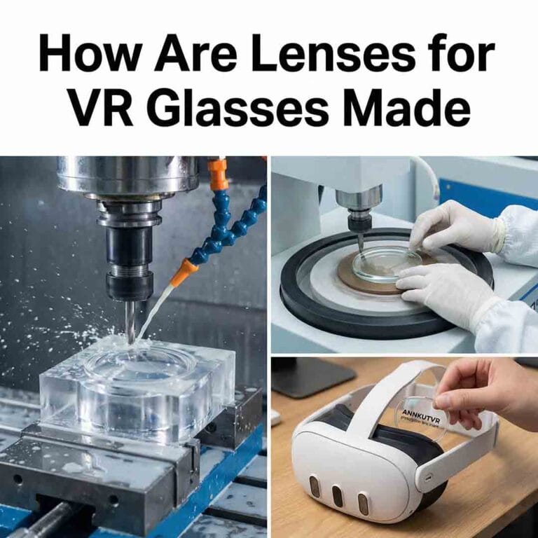 VR lens manufacturing process collage showing cutting, polishing, and inserting ANNKUTVR custom lenses.