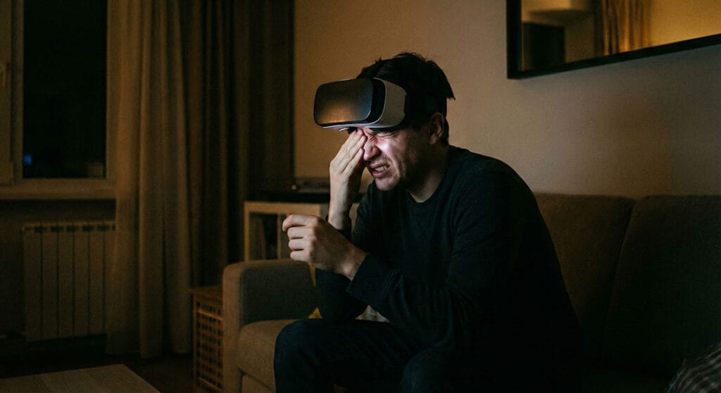 User rubbing eyes while wearing a VR headset, indicating visible eye strain and fatigue.