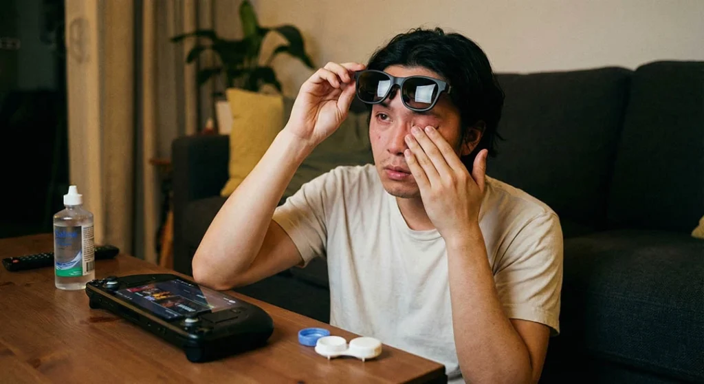 A user rubbing their dry and irritated eyes after a long session using XREAL Air 2 Pro glasses with contact lenses, illustrating the problem of tear evaporation and digital eye strain in AR.