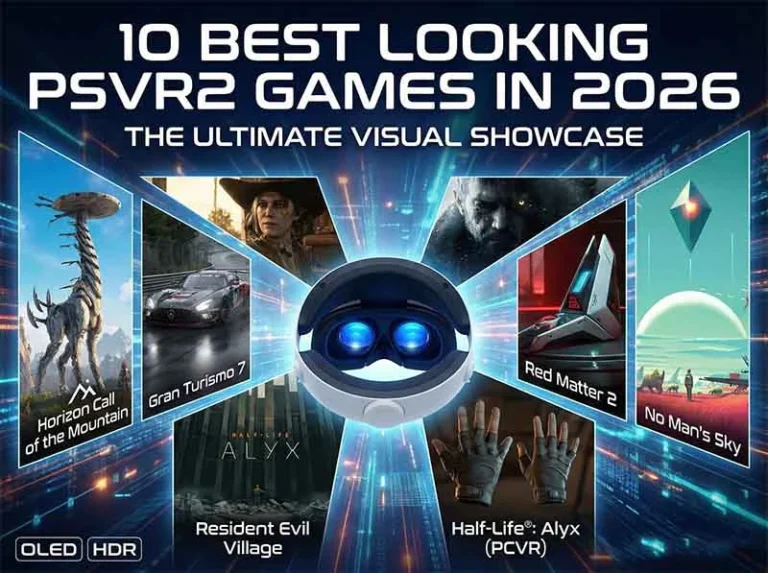 10 Best Looking PSVR2 Games in 2026: The Ultimate Visual Showcase 4 Cover art for 10 Best Looking PSVR2 Games 2026 article, featuring a PSVR2 headset surrounded by screenshots of Horizon Call of the Mountain, Gran Turismo 7, and Red Matter 2.