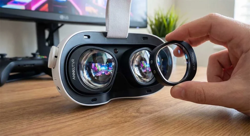 ANNKUTVR magnetic prescription lenses installed on Meta Quest 3, providing a clear and sharp visual experience.