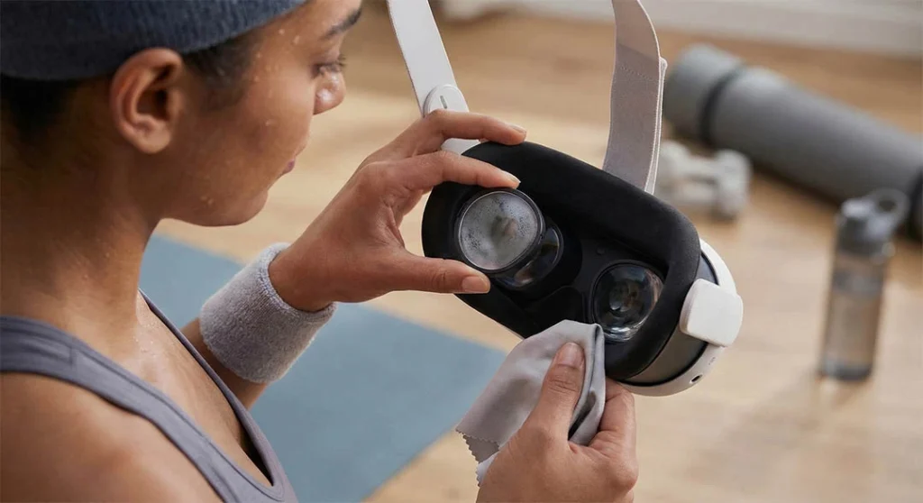 A VR player easily removing an ANNKUTVR magnetic prescription lens to wipe off condensation after a workout.