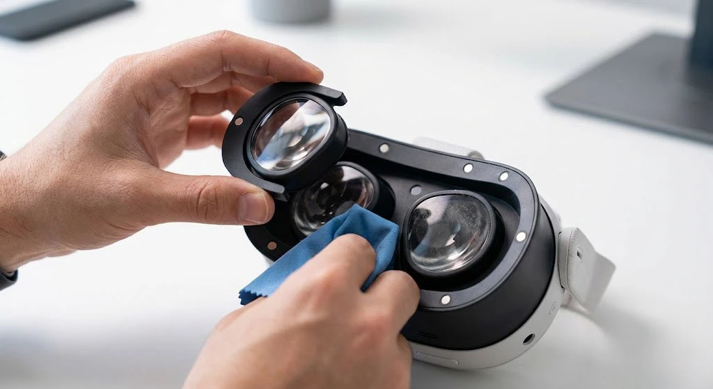 Removing magnetic lens insert to clean the Meta Quest 3 headset.