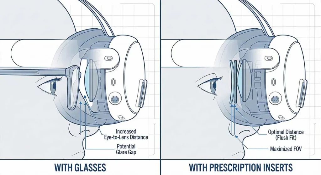 Comparison showing how wearing glasses increases eye relief distance in Quest 3 compared to using custom prescription inserts.