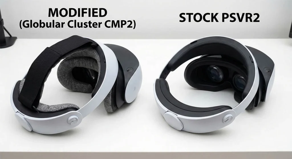 PSVR2 Comfort Mod Guide: How to Fix Forehead Pain & Stop Slipping 1 Comparison of stock PSVR2 vs Globular Cluster CMP2 comfort mod.