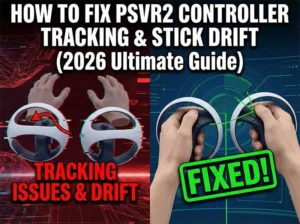 Split screen comparison: Left shows PSVR2 controller tracking issues with red glitch effects and floating hands. Right shows fixed, stable tracking with green 'FIXED' stamp.