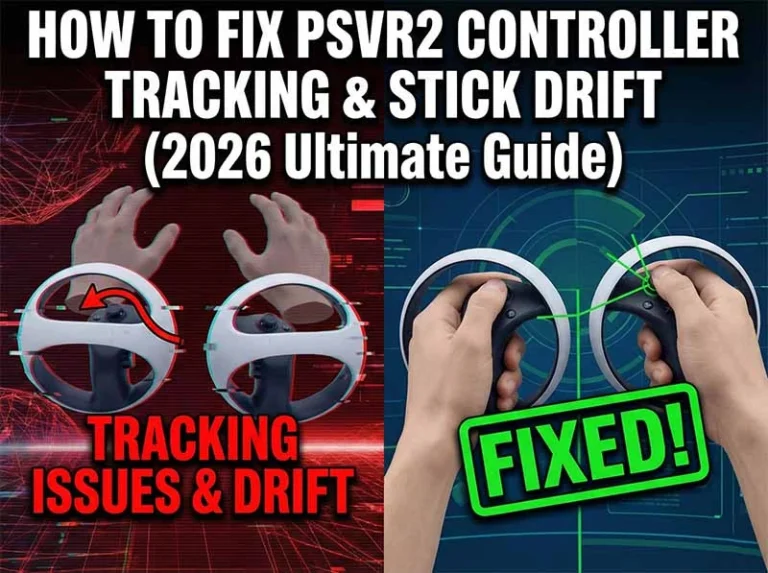 Split screen comparison: Left shows PSVR2 controller tracking issues with red glitch effects and floating hands. Right shows fixed, stable tracking with green 'FIXED' stamp.