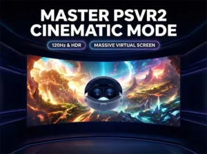 Blog cover for PSVR2 Cinematic Mode guide showing a massive virtual screen with 120Hz and HDR badges.