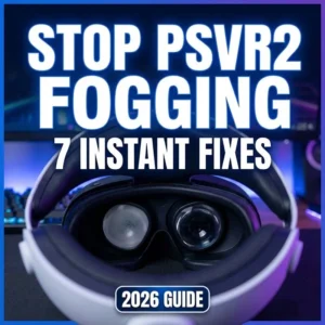 Split screen showing a foggy PSVR2 view vs a crystal clear view, titled How to Stop PSVR2 From Fogging Up