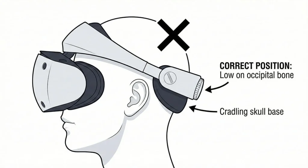 Diagram showing proper PSVR2 halo strap positioning, sitting low on the occipital bone.