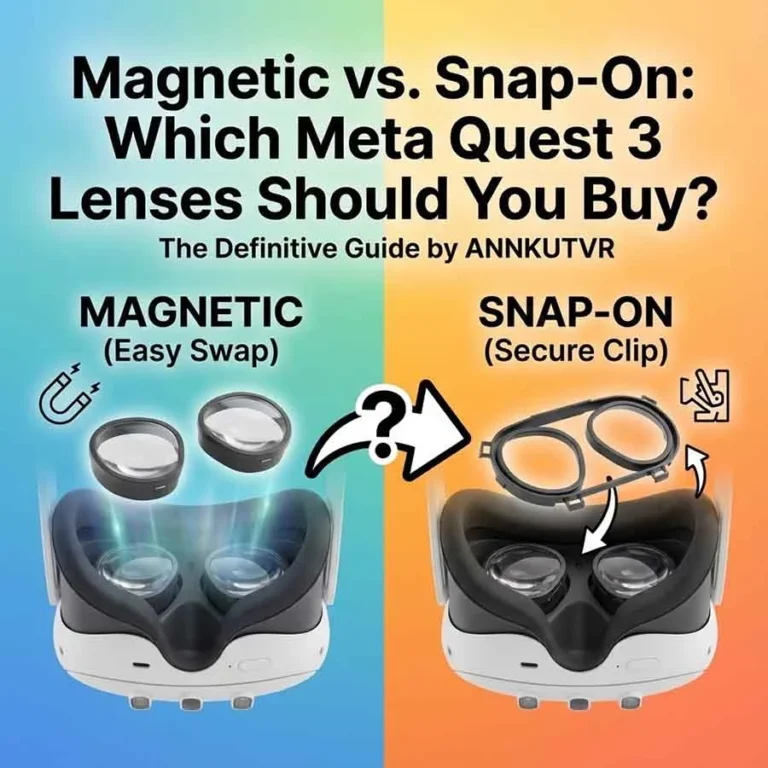 A comparative review image showing a standard snap-on lens clip versus an ANNKUTVR magnetic lens for Meta Quest 3, highlighting the design differences.