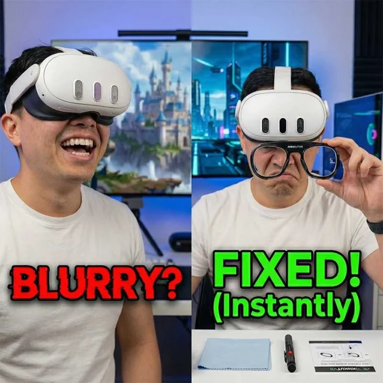 Why Is My Meta Quest 3 Blurry? 5 Common Causes & How to Fix Them (Instantly) 27 Split-screen comparison thumbnail. Left side: Man in Meta Quest 3 with "BLURRY?" text and blurred background. Right side: Man holding ANNKUTVR prescription inserts with "FIXED! (Instantly)" text and sharp background.