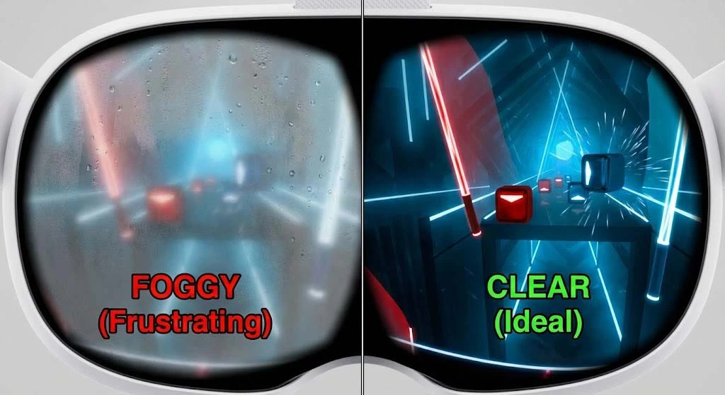 Split screen comparison of a foggy blurry view inside Meta Quest 3 versus a crystal clear visual experience.