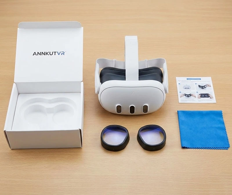 Tools needed for installing Meta Quest 3 prescription lenses: headset, ANNKUTVR inserts, and cleaning cloth.