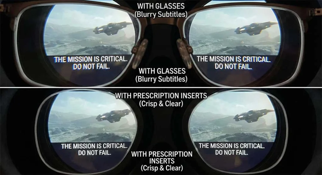 How to Master PSVR2 Cinematic Mode: 120Hz, HDR & Fixing Blurry Text 2 Through the lens view showing blurry subtitles caused by glasses versus clear text with PSVR2 prescription lens inserts.